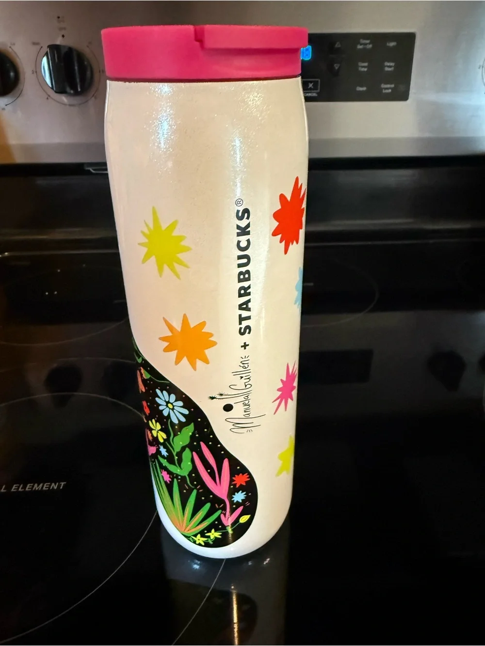 Starbucks White Travel Tumbler with Pink Lid and Colorful Floral Art
